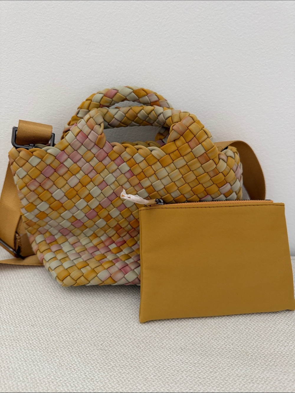 Naghedi Woven Tote in Mustard, Pink, Cream